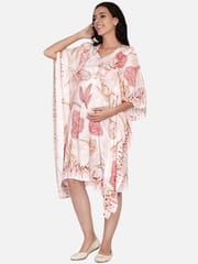 The Kaftan Company-Pink flora and abstract maternity kaftan dress with ruffle detail and feeding zipper