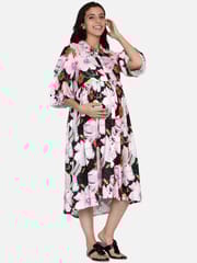 The Kaftan Company-Green and Pink Floral Maternity Dress With Button Detail and Gathered Sleeves