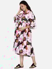 The Kaftan Company-Green and Pink Floral Maternity Dress With Button Detail and Gathered Sleeves