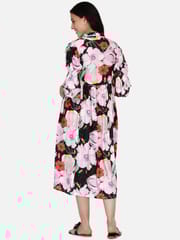 The Kaftan Company-Green and Pink Floral Maternity Dress With Button Detail and Gathered Sleeves