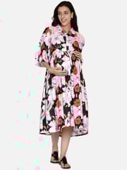 The Kaftan Company-Green and Pink Floral Maternity Dress With Button Detail and Gathered Sleeves