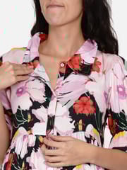 The Kaftan Company-Green and Pink Floral Maternity Dress With Button Detail and Gathered Sleeves