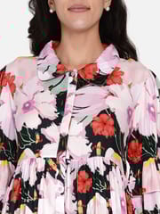 The Kaftan Company-Green and Pink Floral Maternity Dress With Button Detail and Gathered Sleeves