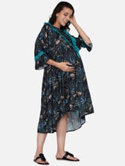 The Kaftan Company-Blue Floral Lacey Hi-Low Maternity and Nursing Dress