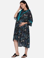 The Kaftan Company-Blue Floral Lacey Hi-Low Maternity and Nursing Dress