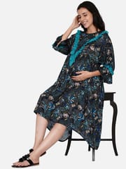 The Kaftan Company-Blue Floral Lacey Hi-Low Maternity and Nursing Dress