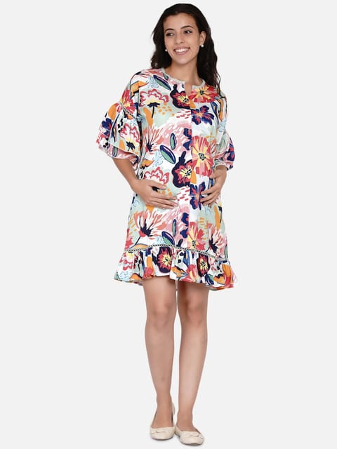 The Kaftan Company-Brushed Flora Ruffled Maternity and Nursing Dress