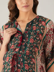 The Kaftan Company-Green And Red Florets Maternity and Feeding Kaftan