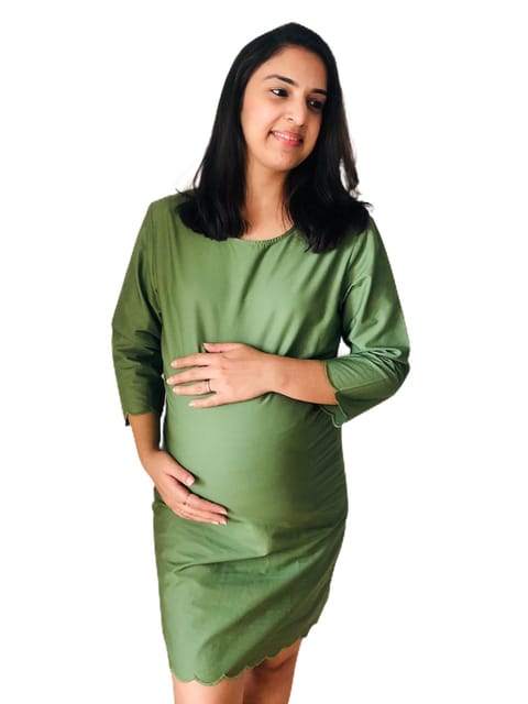 Chicmomz Solid Color Cut Style Short Maternity Dress in Olive Green