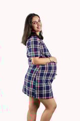 Chicmomz Folded Sleeves Check Short Maternity Dress in Blue Checks