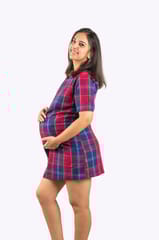 Chicmomz Folded Sleeves Check Short Maternity Dress in Red Checks