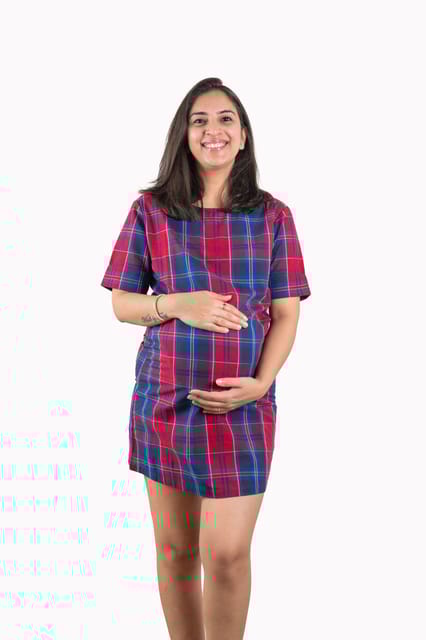 Chicmomz Folded Sleeves Check Short Maternity Dress in Red Checks