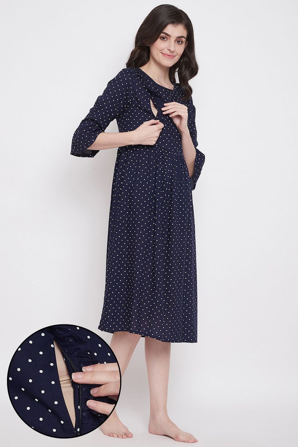 Clovia Feeding Polka Print Mid Length Night Dress in Navy - Rayon