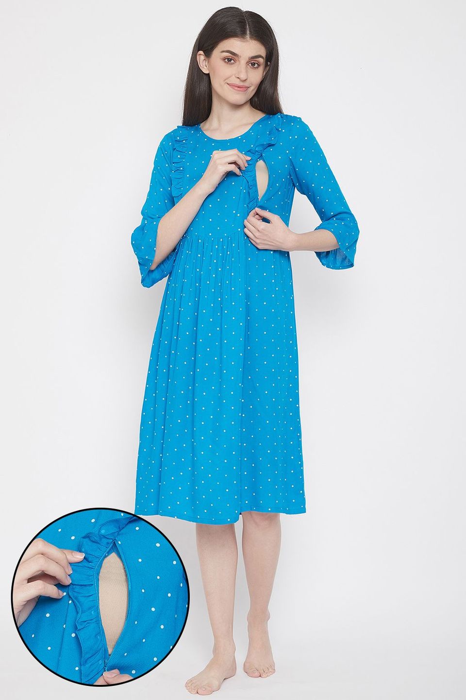 Clovia Feeding Polka Print Short Night Dress in Light Blue - Rayon