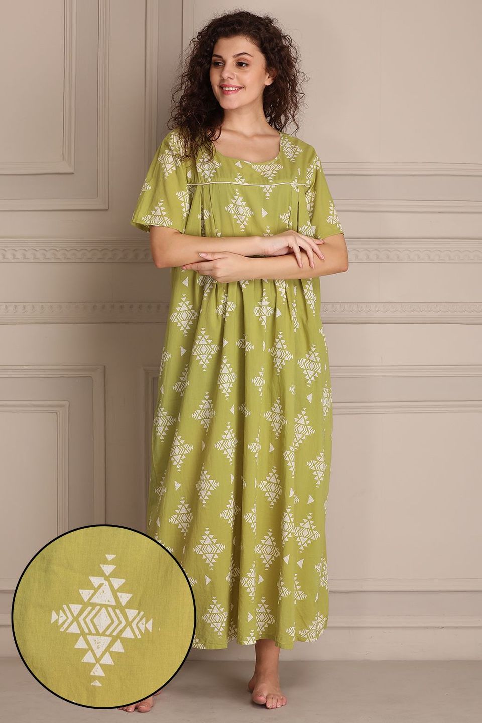 Clovia Printed Feeding Long Night Dress in Light Green - 100% Cotton
