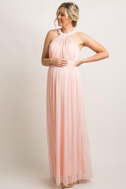 Plum and Peaches Light Pink Halter Maternity Gown