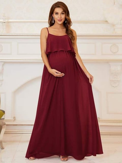 Plum and Peaches Ruffle Top Spaghetti Strap Maternity Gown