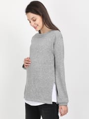 The Mom Store Grey Melange with White Sleeveless Inner Maternity and Nursing Sweatshirt 2 Piece Set