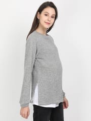 The Mom Store Grey Melange with White Sleeveless Inner Maternity and Nursing Sweatshirt 2 Piece Set