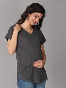 The Mom Store Grey Melange Slub Jersey Maternity and Nursing Top