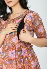 Mometernity Orange Floral Cotton Maternity & Nursing Kurta