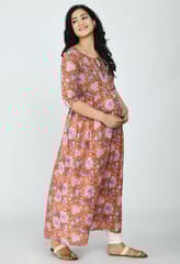 Mometernity Orange Floral Cotton Maternity & Nursing Kurta