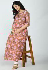 Mometernity Orange Floral Cotton Maternity & Nursing Kurta