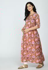 Mometernity Orange Floral Cotton Maternity & Nursing Kurta