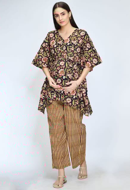 Mometernity Black Floral Cotton Maternity & Nursing Kaftan Top & Pant Set