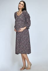 Mometernity Black Floral Disty Print Moss Crape Maternity & Nursing Dress