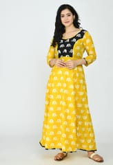 Mometernity Yellow & Black Elephant Print Maternity & Nursing Maxi Dress