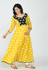 Mometernity Yellow & Black Elephant Print Maternity & Nursing Maxi Dress