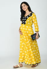 Mometernity Yellow & Black Elephant Print Maternity & Nursing Maxi Dress