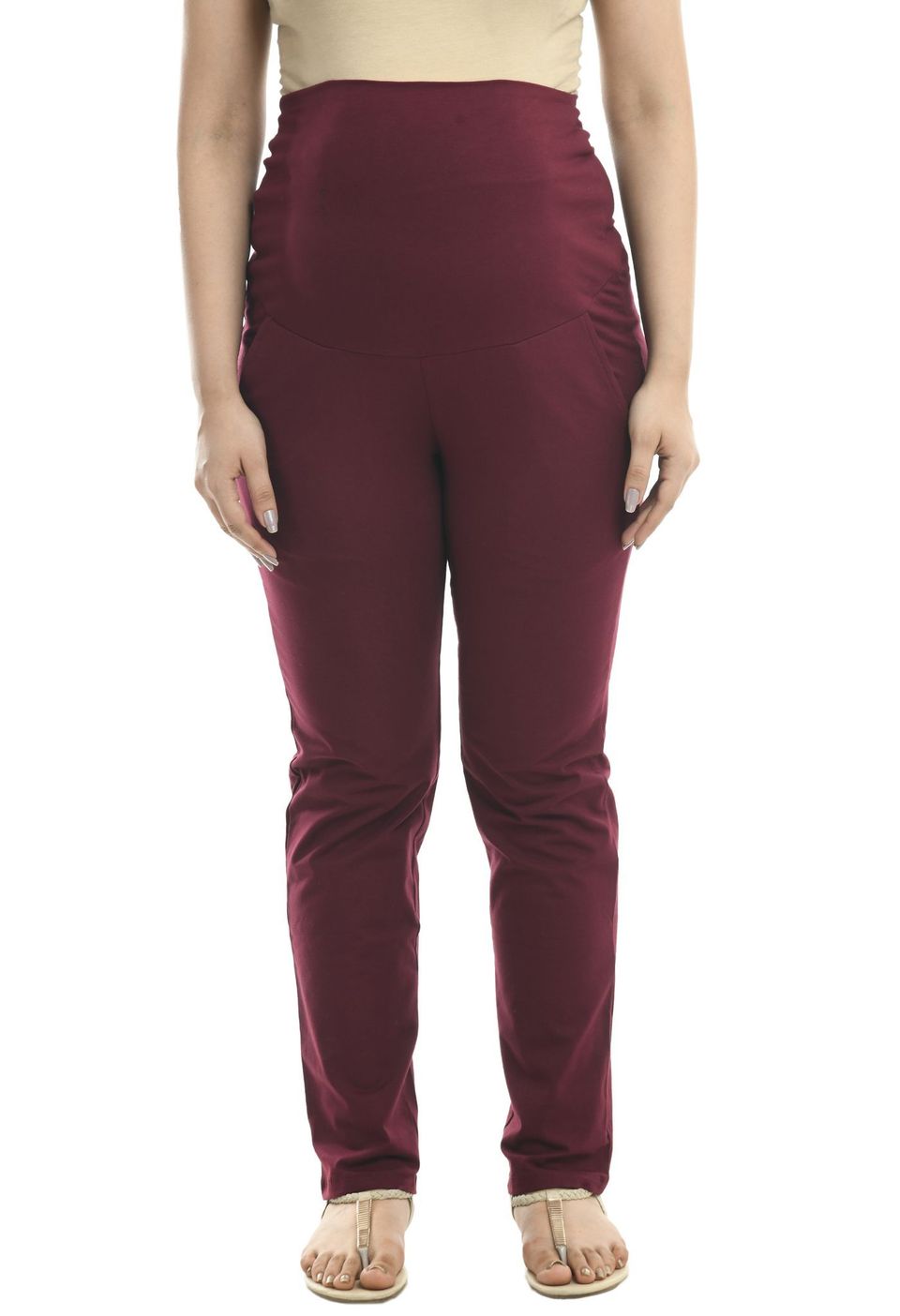 Mometernity Wine Berry Over Belly Maternity Straight Fit Pants with Pockets