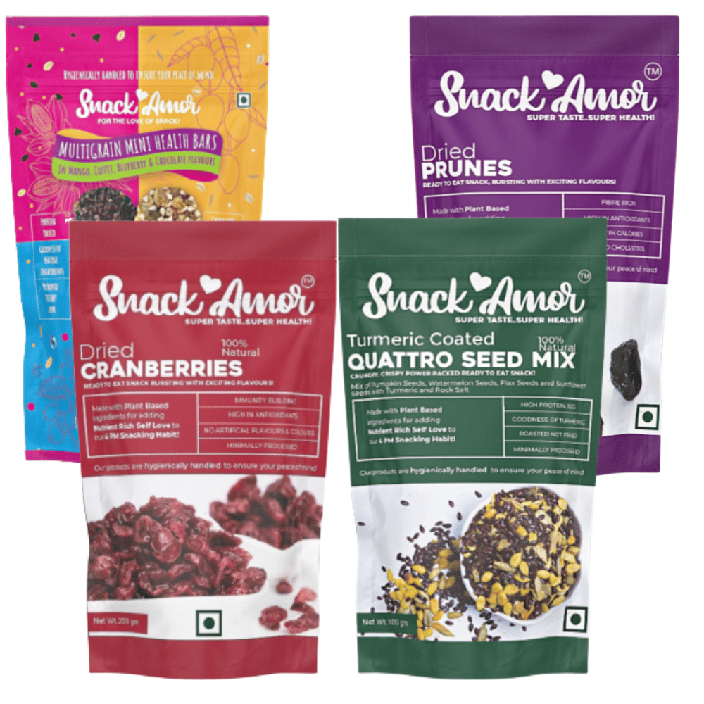 SnackAmor Women's Health-Quattro Seeds Mix, Mini Protein Bars, Dried Cranberry and Prunes(Pack of 4)