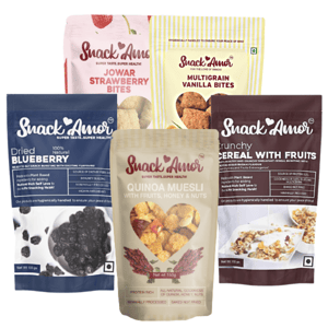 SnackAmor Mom and Kids Delight-Multigrain Vanilla & Jowar Strawberry Bites, Quinoa Muesli, Dried Blueberries & Crunchy Cereals with Fruits (Pack of 5)