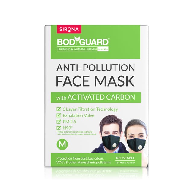 SIRONA BodyGuard Reusable Anti Pollution Face Mask with Activated Carbon, N99 + PM2.5 for Men and Women - Medium