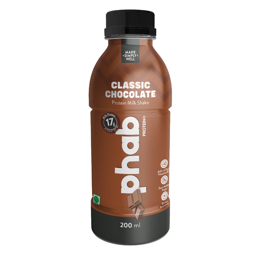 Phab Protein Milkshake with Immunity Boosters 18g Milk Protein, No added sugar, Vitamin B12 & Calcium Rich Pack of 6x 200ml (Classic Chocolate)