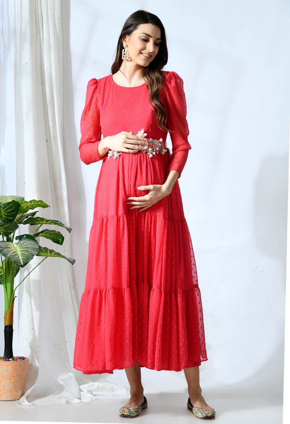 Mometernity Pink Maternity and Nursing All Over Chiffon Dobby Baby Shower and Photoshoot Gown with Belt