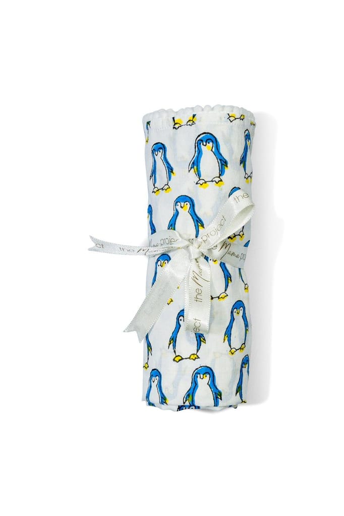 The Mama Project Happy Feet Penguin Organic Muslin Swaddle Sheet