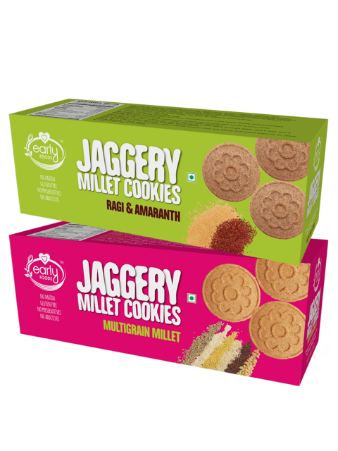 Early Foods Assorted Pack of 2 - Multigrain Millet and Ragi Amaranth Jaggery Cookies X 2, 150g each