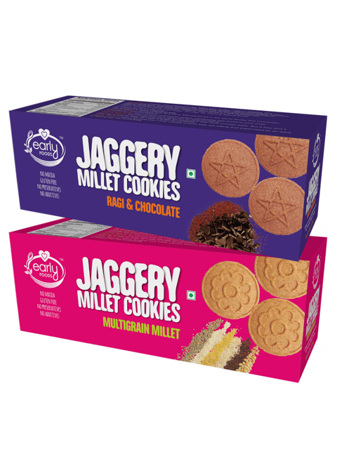Early Foods Assorted Pack of 2 - Multigrain Millet and Ragi Choco Jaggery Cookies X 2, 150g each