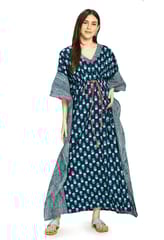 Mometernity Indigo Block Print Cotton Maternity and Nursing Full Length Kaftan - Indigo