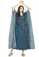 Mometernity Indigo Block Print Cotton Maternity and Nursing Full Length Kaftan - Indigo