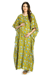 Mometernity Floral Cotton Block Print Maternity and Nursing Full Length Kaftan - Yellow