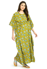 Mometernity Floral Cotton Block Print Maternity and Nursing Full Length Kaftan - Yellow