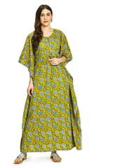 Mometernity Floral Cotton Block Print Maternity and Nursing Full Length Kaftan - Yellow