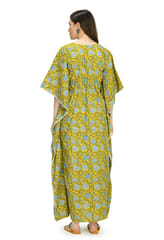 Mometernity Floral Cotton Block Print Maternity and Nursing Full Length Kaftan - Yellow
