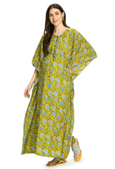 Mometernity Floral Cotton Block Print Maternity and Nursing Full Length Kaftan - Yellow