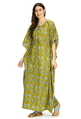Mometernity Floral Cotton Block Print Maternity and Nursing Full Length Kaftan - Yellow